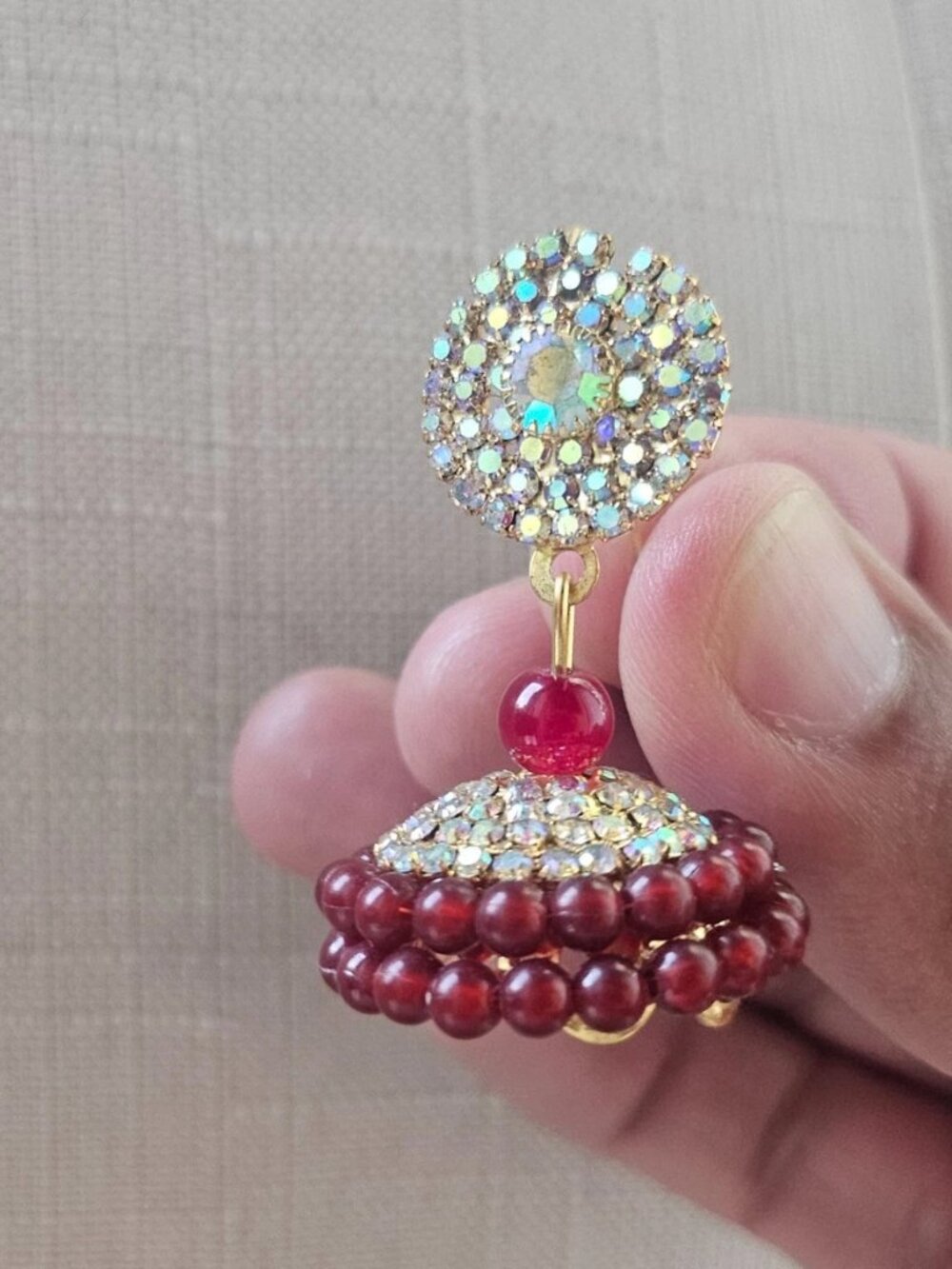 Indian Jhumka Earrings Burgundy Tone Beads Gold Tone Ethnic Fashion Ear Jewelry - Picture 4 of 13